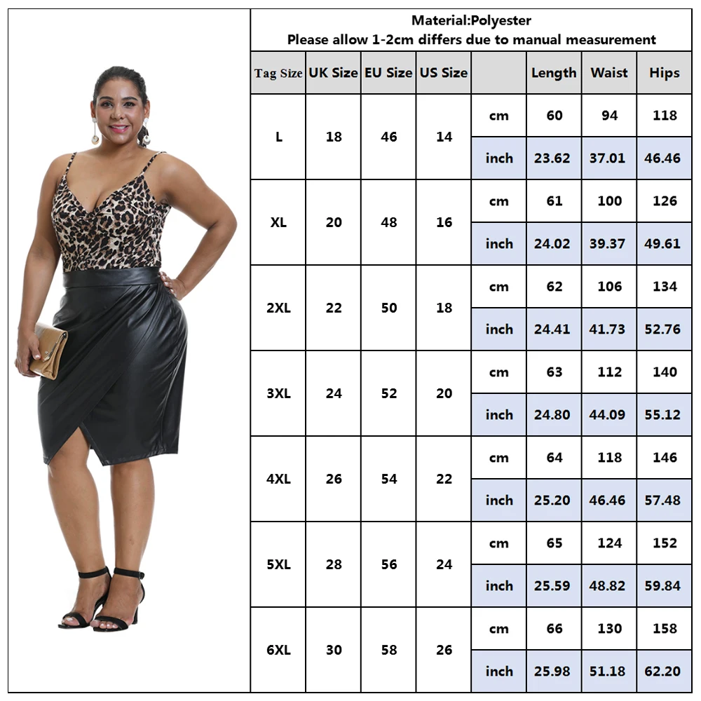 6XL черная сексуальная юбка с разрезом спереди размера плюс женская кожаная юбка с высокой талией длиной до колена офисные женские юбки jupe femme D30
