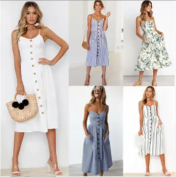 

Women's Summer Boho Casual Long Madi Dresses Sleeveless sling button print Party Beach Dress Sundress