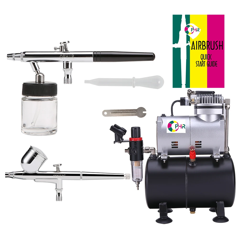 OPHIR 2-Airbrush Air Tank Dual Action Airbrush Spray Compressor Kit 0.3mm & 0.35mm for Cake Model Hobby 110V,220V AC090+004A+072 ophir down pot dual action airbrush kit 0 35mm nozzle airbrushing for nail cake decorating model painting spray gun ac072