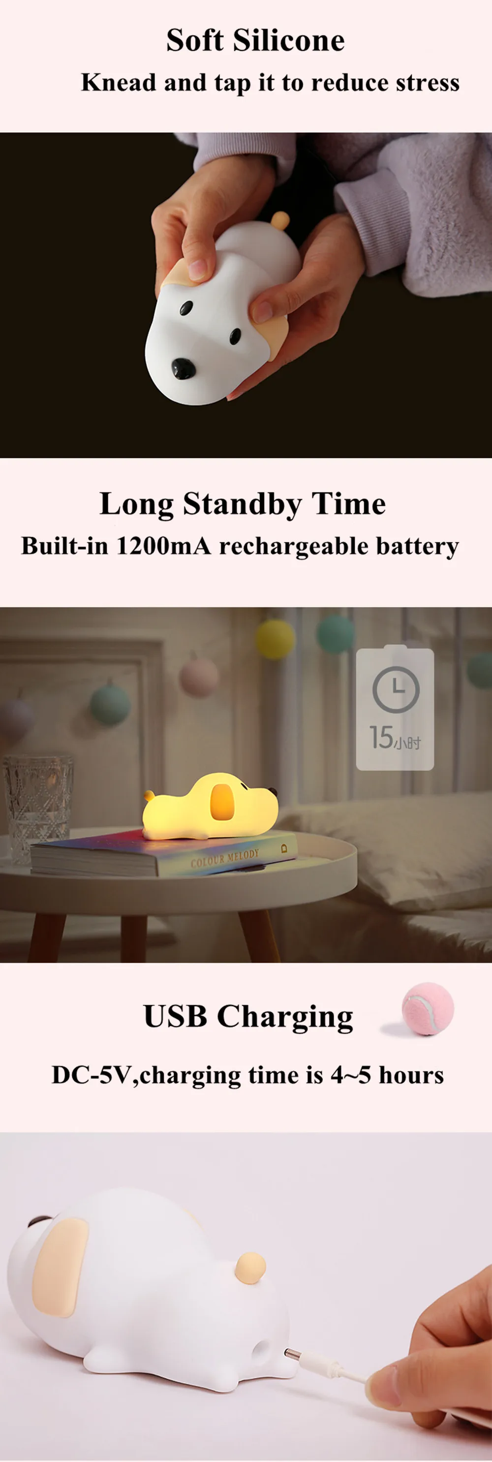 SuperNight Cute Dog LED Night Light Silicone Puppy Rechargeable Timing Dimmable Touch Sensor Kids Baby Bedside Table Lamp Gift (3)