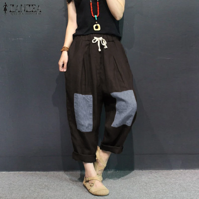 

Women Drawstring Wide Leg Pants ZANZEA Patchwork Color Pockets Trousers Office Lady Work Pants Loose Pantalon Femme Streetwear