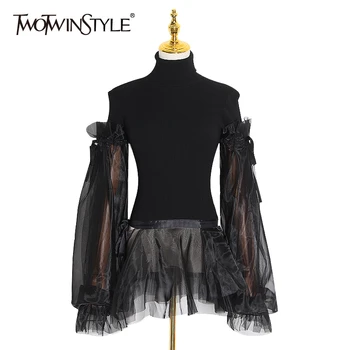 

TWOTWINSTYLE Patchwork Mesh Sweater Women Turtleneck Puff Long Sleeve Ruffle Hem Knitting Pullovers Female 2020 Clothing Fashion