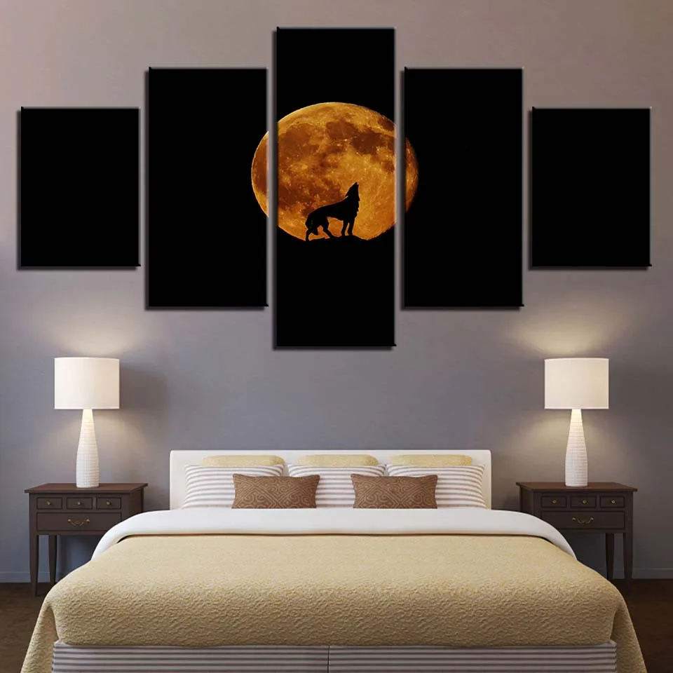 

Modular Living Room Decor HD Prints Canvas Poster Framework 5 Pieces Full Moon Night Animal Wolf Howl Painting Wall Art Pictures