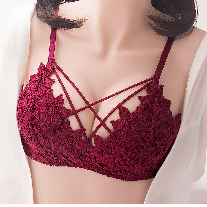 

Wire Free Wine Red Grey Black Lace Bra for Women , Woman Sexy Back Closure Lingerie , Womens 3/4 Cup AB Small Chest Brassiere