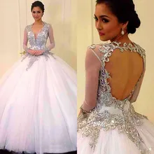 Длинное бальное платье, Белое Бальное Платье, новые милые тюлевые платья с v-образным вырезом 16 V для 15 лет, без спинки с длинным рукавом, бисер, vestido de 15 anos