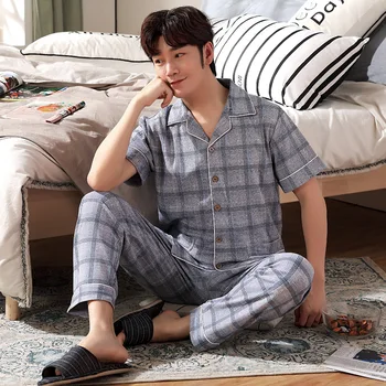 

Men's Pajamas Set Casual Cotton Pajamas Loose Lapel Short Sleeve Trousers Wear Home Wear L-3L