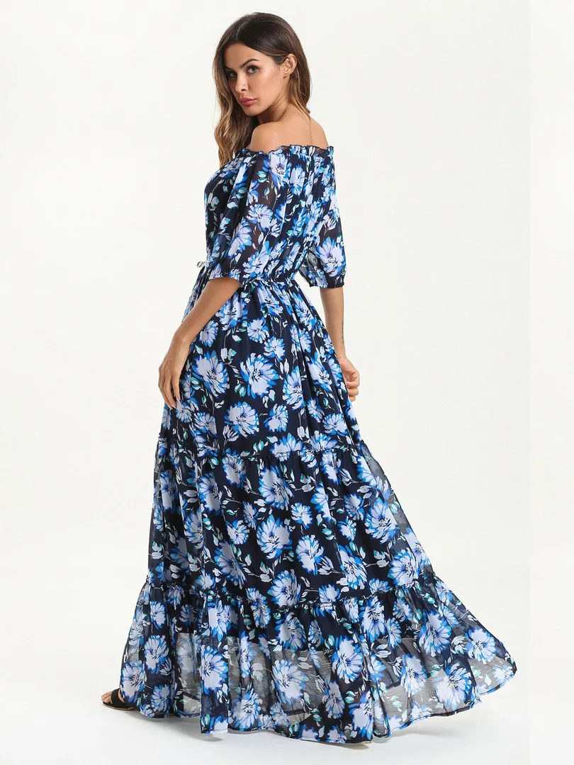 Summer Chiffon Print Women A-Line Dress Elastic Waist Slash Neck Half Sleeve Wrapped Breast Dresses Office Ladies