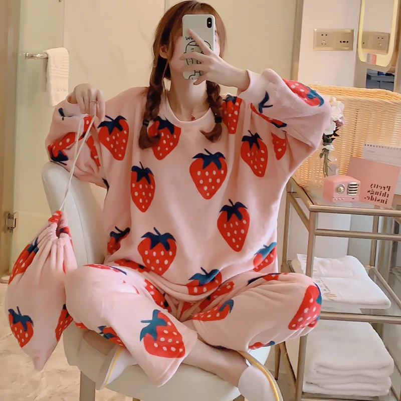 

Pajamas Women's Autumn And Winter Coral Velvet Sweet Cute Princess Thick plus Velvet Flannel Homewear Set Send Storage Bag
