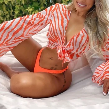 

2020 Sexy Three Pieces Bikini Set Bell Sleeve Bikini Cover Up Swimwear Women Swimsuit Print Bathing Suit Beachwear Swimming Suit