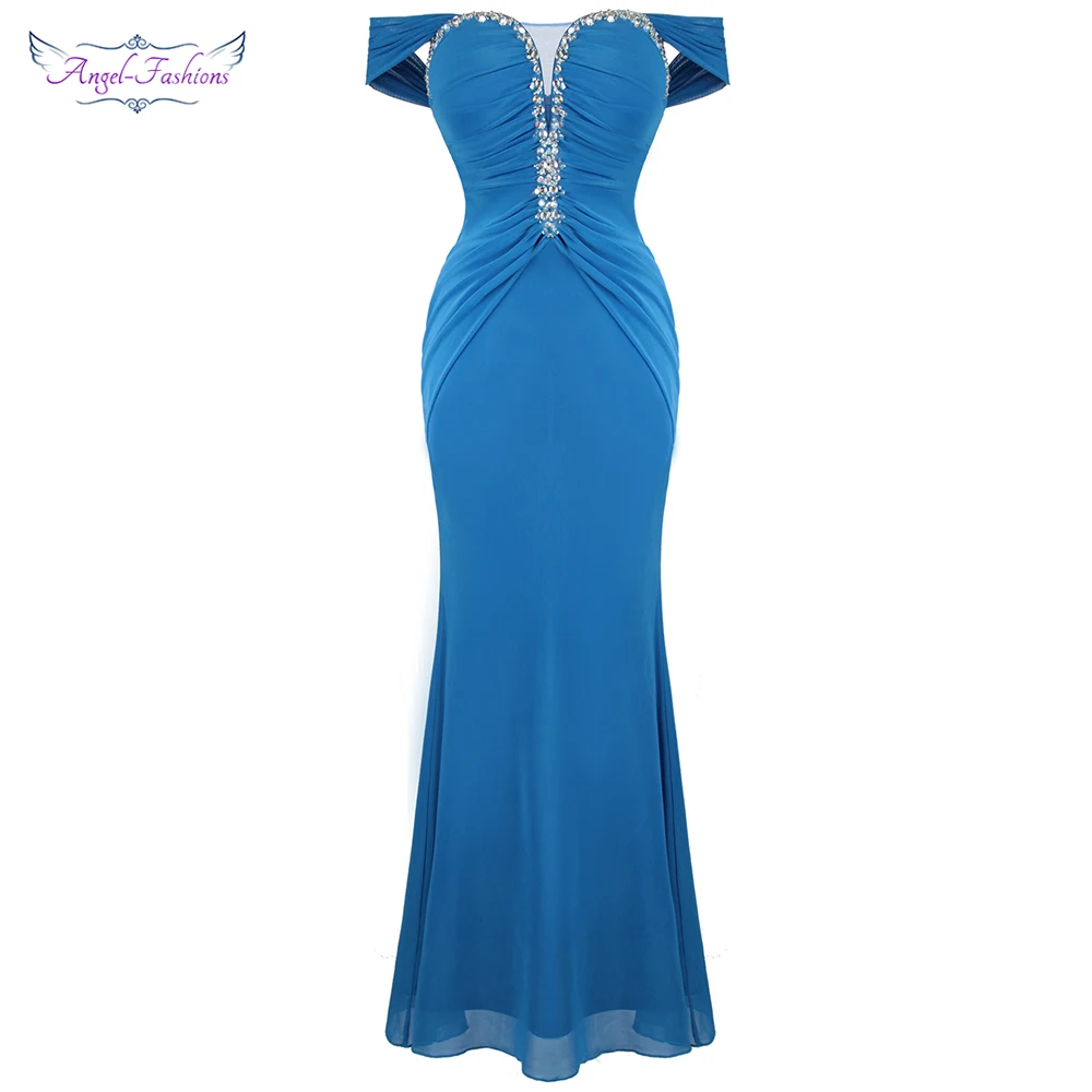 Angel-fashions Женское вечернее платье длинное плиссированное с вырезом лодочкой и