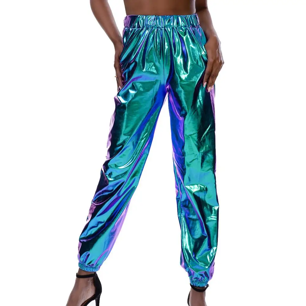 Женские повседневные спортивные уличные хип-хоп вечерние блестящие волшебный для брюк с высокой талией одноцветные длинные штаны для бега