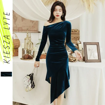 

Women Sexy Irregular Solid Dress Patchwork One Shoulder Blue Bodycon Party Night Club Ladies Vestidos Dresses