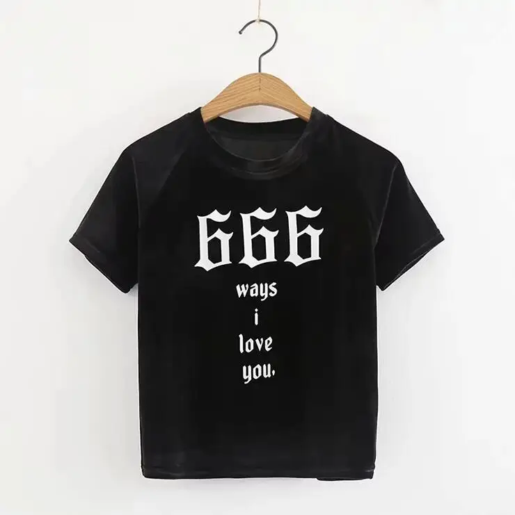 Бархатный красный сексуальный укороченный топ 666 ways I love you Print женская футболка тонкая футболка harajuku укороченные Базовые Женские винтажные Топы повседневные
