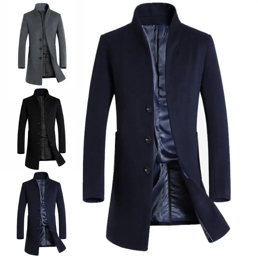 Thickened Men Coats Jackets Winter Warm Solid Color Woolen Trench Blends Slim Long Coat men trench coat single breasted design Thickened Men Coats Jackets Winter Warm Solid Color Woolen Trench Blends Slim Long Coat men trench coat single breasted design
