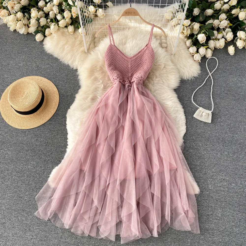 Irregular Net Gauze Fluffy Dress for Womens High Waist Temperament Summer V- neck | eBay