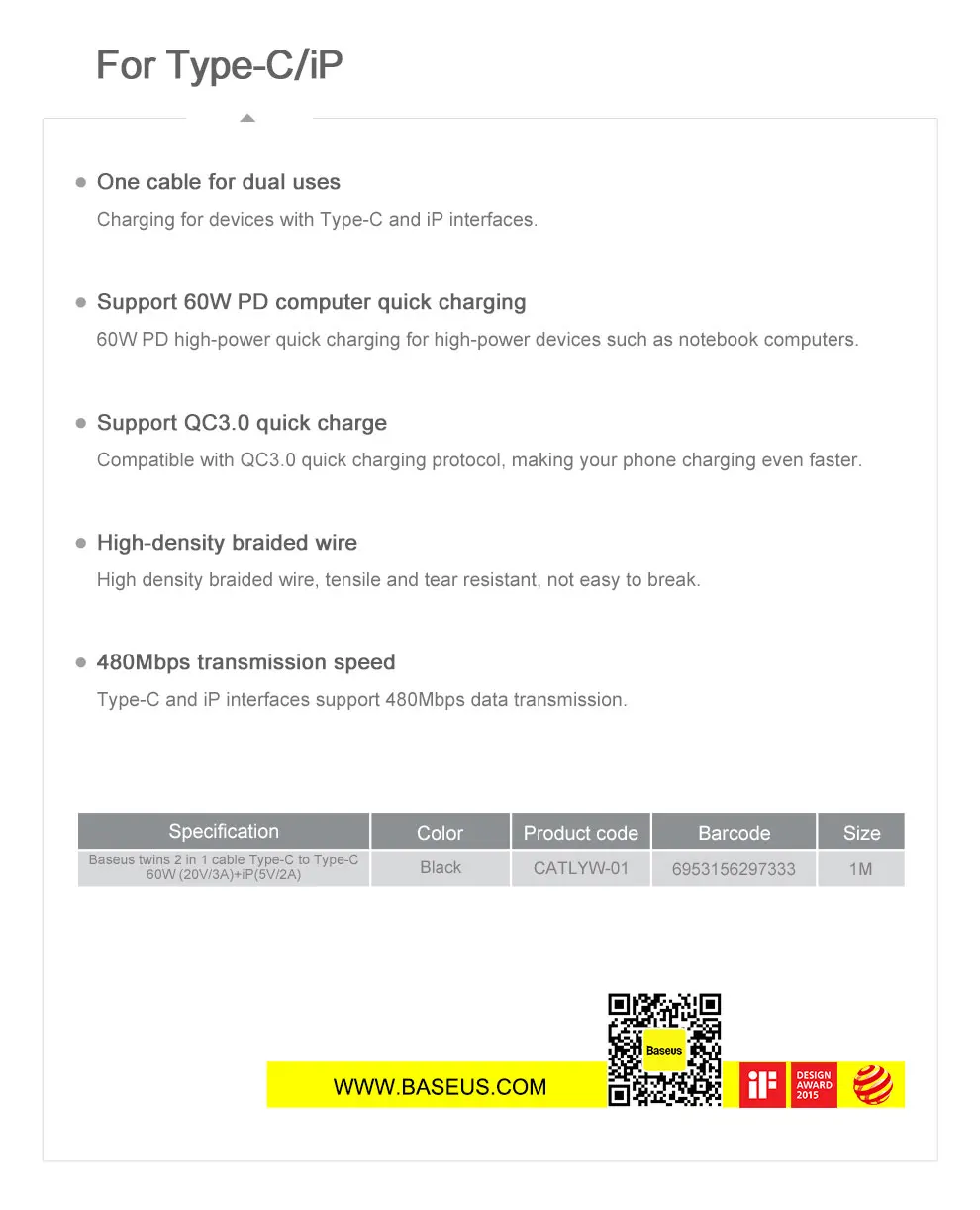 Baseus 2 в 1 60 Вт Кабель для быстрой зарядки QC3.0 type-C-type-C для iPhone кабель для iPhone XS X XR 11 Pro Кабель для быстрой зарядки