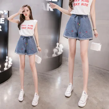 

COIGARSAM 4XL Plus Size Embroidery Denim New Spring Summer Loose High Waist Women Shorts Blue 5885