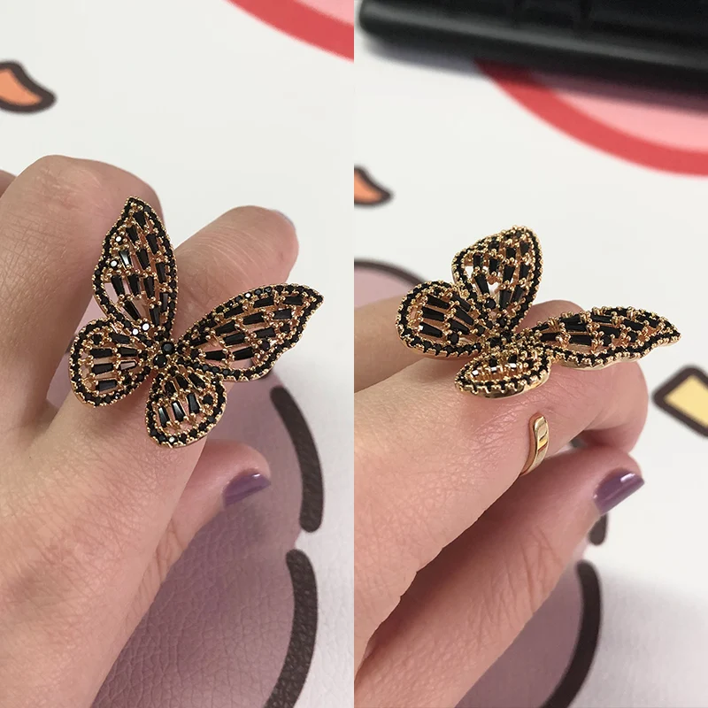Black Zircon Butterfly Rings Woman Shining Personality Vintage Jewelry Opening Adjustable Ring Gothic Party Index Finger | Украшения и