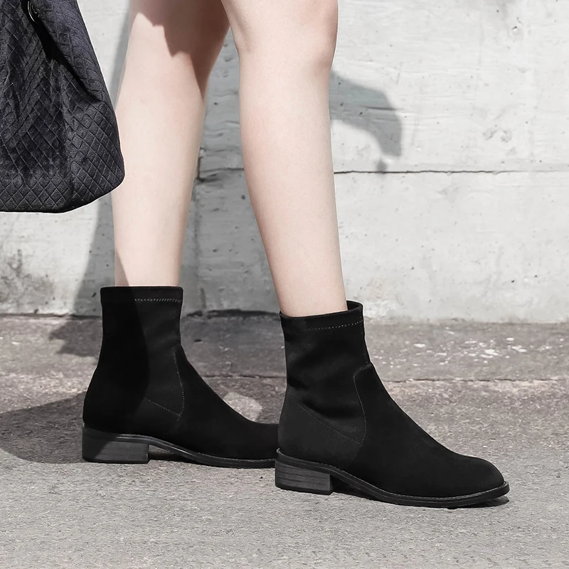 

Women's genuine leather flats ankle boots stretch slip-on autumn ankle boots black slim high quality female footwear shoes women