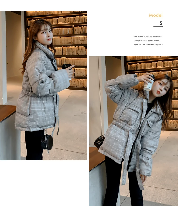 Зимнее женское пальто в винтажном стиле в клетку со стоячим воротником, Свободное пальто в Корейском стиле на шнуровке, плотное Свободное пальто, одежда с хлопковой подкладкой