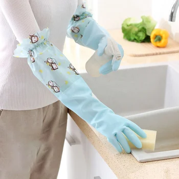 

1 set Kitchen Cleaning Gloves Warm Winter Plush Thick Gloves Band Long Sleeves Gloves Household Waterproof Dishwashing Gloves
