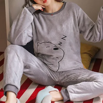 

Pajamas women winter flannel long-sleeved thickening plus velvet coral fleece cute autumn winter home service suit women 2020
