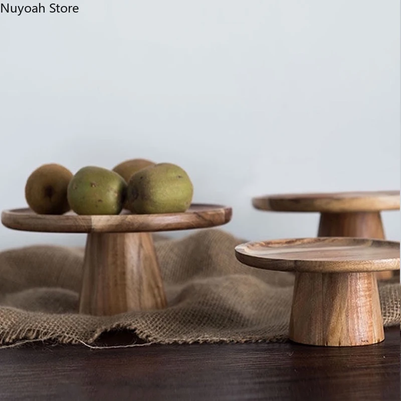 Household Round Solid Wooden Tray Fruit Snack Sushi High-footed Cake Plate Wooden Tray Kitchen Tool Living Room Display Plate