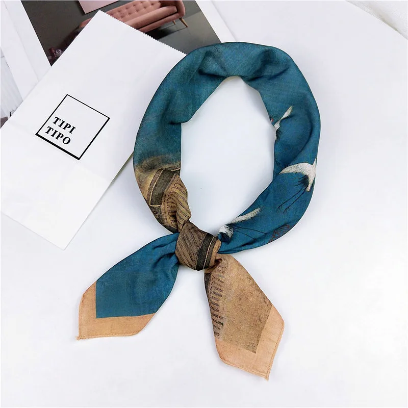 

70*70cm High Quality Retro Red-crowned Crane Chinese Style Versatile Artistic Decoration Small Square Scarf Lady Silk Scarf