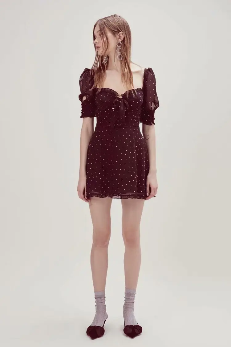 

Europe And America Early Spring New Style Slim Fit Slimming Versatile Short Sleeve Square Collar Lace Polka Dot Dress Short Skir