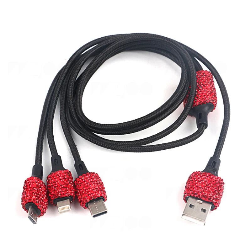 2XDual USB Автомобильное зарядное устройство для мобильного телефона, планшета, gps, быстрое зарядное устройство, Кристальный бриллиант, телефон, 3 линии передачи данных, провод в автомобильном прикуривателе