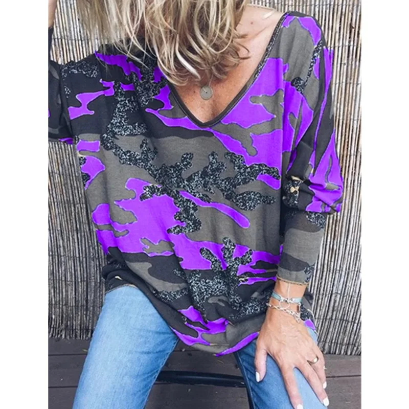 Ceny Plus rozmiar 5XL 2019 nowych kobiet Camo bluza z kapturem z nadrukiem zima z długim rękawem Casual V Neck bluza damska odzież w dużych rozmiarach koszulki w stylu k pop