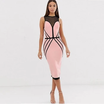 

2019 Women Sexy Sleeveless Bandage Dress Pink Patchework Mesh Bodycon Vestidos Club Celebrity Party Wholesale