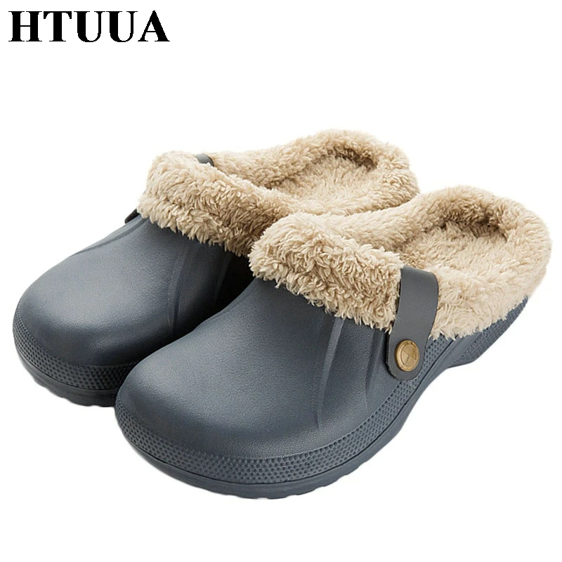 

HTUUA 35-44 Large Size House Home Slippers Women Couple Waterproof Warm Fur Slippers Autumn Winter Indoor Floor Shoes SX3417