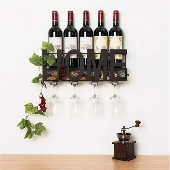 

Iron Stemware Kitchen Bar Storage Shelf 5 Bottles Home Decor Wall Mounted Display Glass Holder Living Room Wine Rack Rustic
