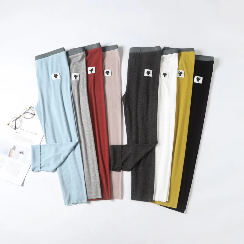 Skinny Solid Color Cropped Trousers Cat Pattern Super Soft Outdoor Leisure Sports Pants For Women Cotton Leggings F5A137