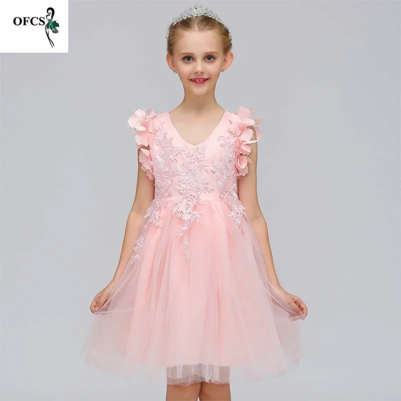 Детское свадебное платье; платье принцессы с треугольным вырезом и трехмерным цветком для девочек; детская одежда; платье феи с цветочным рисунком для детей 4-15 лет