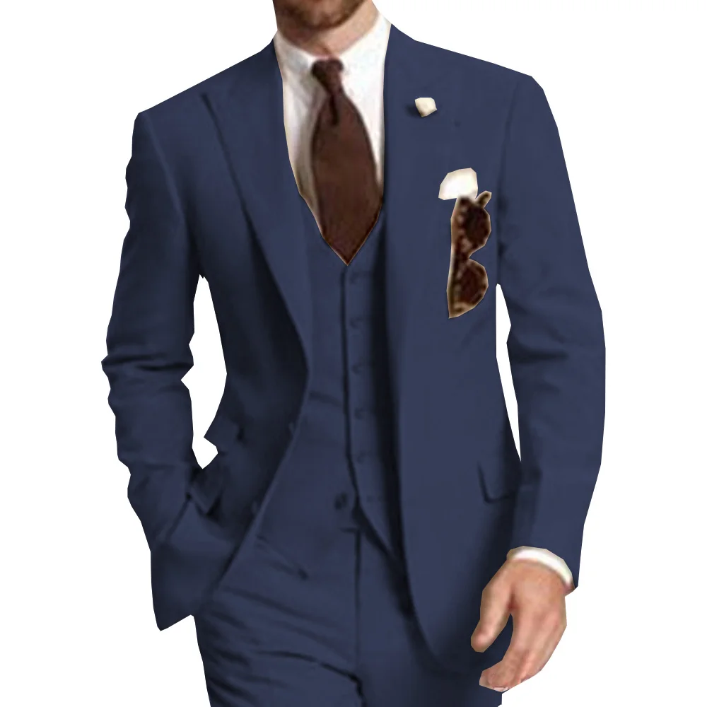 Beige Three Piece Business Party Best Men Suits Peaked Lapel Two Button Custom Made Wedding Groom Tuxedos 2019 Jacket Pants Vest
