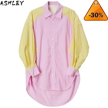 

Fashion 2020 New Contrast Color Patchwork Striped Shirt For Women Female's Long Sleeve Irregular Blouse Vestido