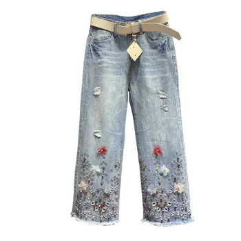 

Europe 2020 Spring autumn High waist jeans women fashion Heavy beading diamond Denim pants female embroidery Straight pants w578