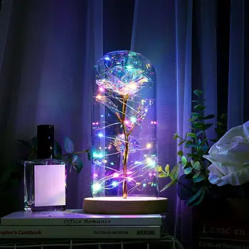 

LED Rose Flower Night Light Enchanted Rose Beauty and Beast Rose In Gold-plated Party Light Glass LED Wedding With The Dome F4N6