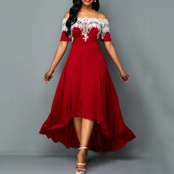 

Plus Size Elegant Long Dress 5xl 2020 African Slash Neck Lace A Line Prom Dresses Robe Femme Vestiods Short Sleeve Party