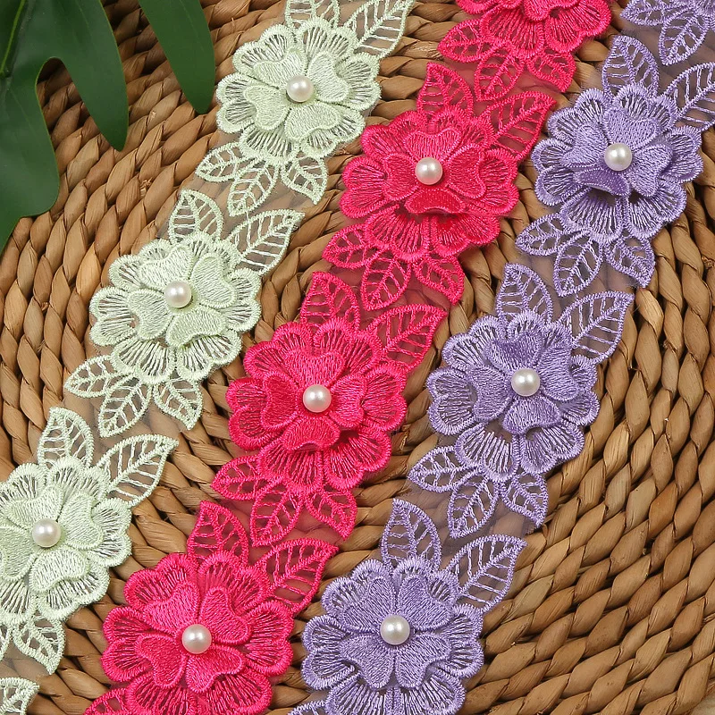 

20Yards Pearl Handmade 3D Two Layers Flower Embroidered Lace Trim 5x9cm Ribbon Applique Dress DIY Sewing Craft New
