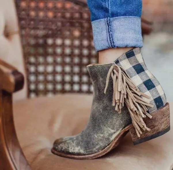 

Women's Vintage Ankle Boots Tassel Side Checked Back Zipper Chunky Heel Faux Leather Autumn Winter Boots