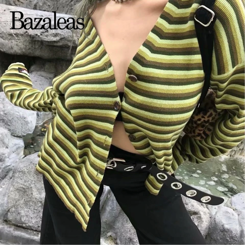 Женский вязаный кардиган Bazaleas винтажный свободный свитер в стиле панк с зелеными