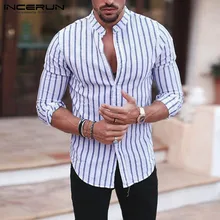 INCERUN, повседневная мужская рубашка в полоску, длинный рукав, стоячий воротник, уличная одежда, шикарный бренд, деловые рубашки для мужчин, Camisa Masculina, S-5XL