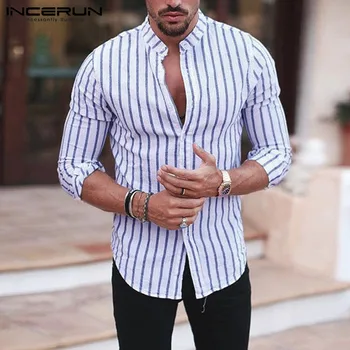 

INCERUN Casual Men Striped Shirt Long Sleeve Stand Collar Streetwear Chic Brand Business Shirts Men Camisa Masculina 2020 S-5XL