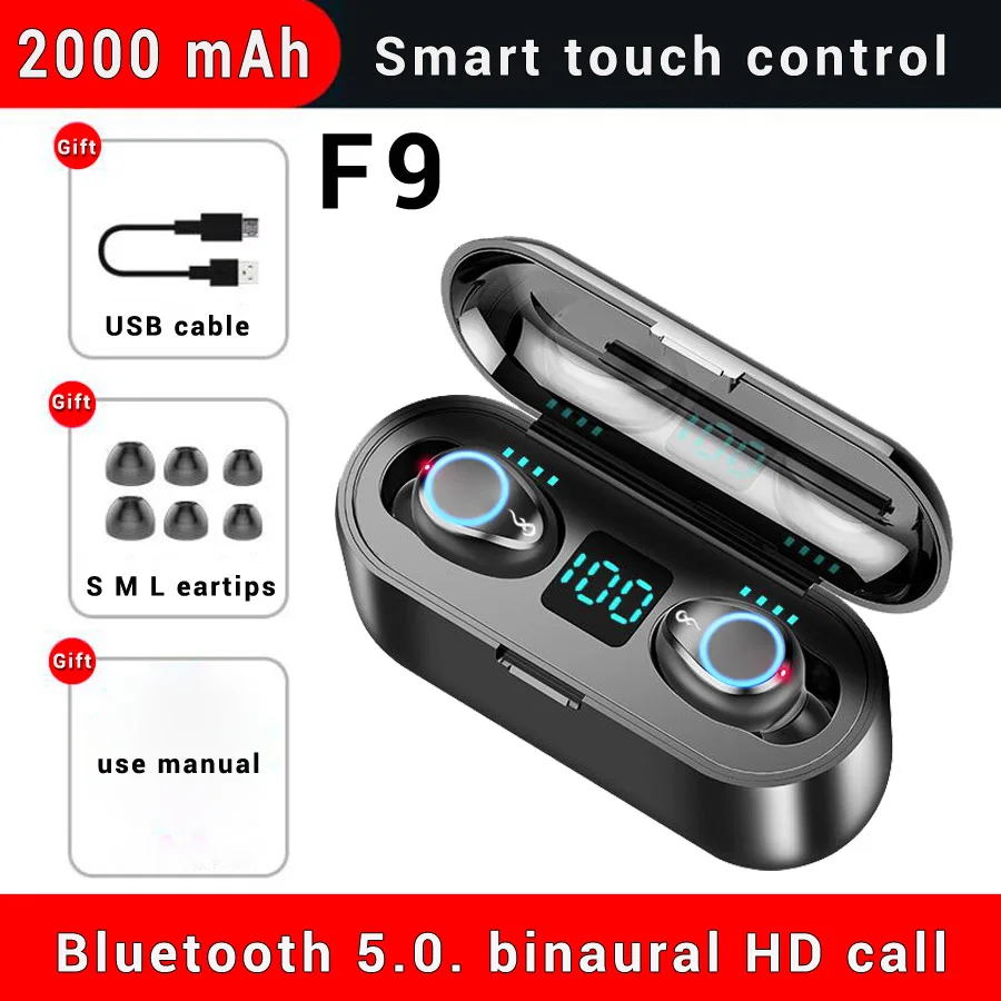F9-2-2000mAh Новые беспроводные наушники, Bluetooth наушники, TWS, Bluetooth 5,0, беспроводные наушники с 2000 мАч, внешний аккумулятор, гарнитура с микрофоном - Цвет: F9-2-2000mAh