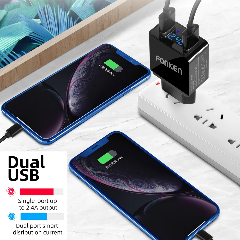 Зарядное устройство со светодиодным дисплеем 2 USB порта макс. 4 А|2 port wall charger|wall