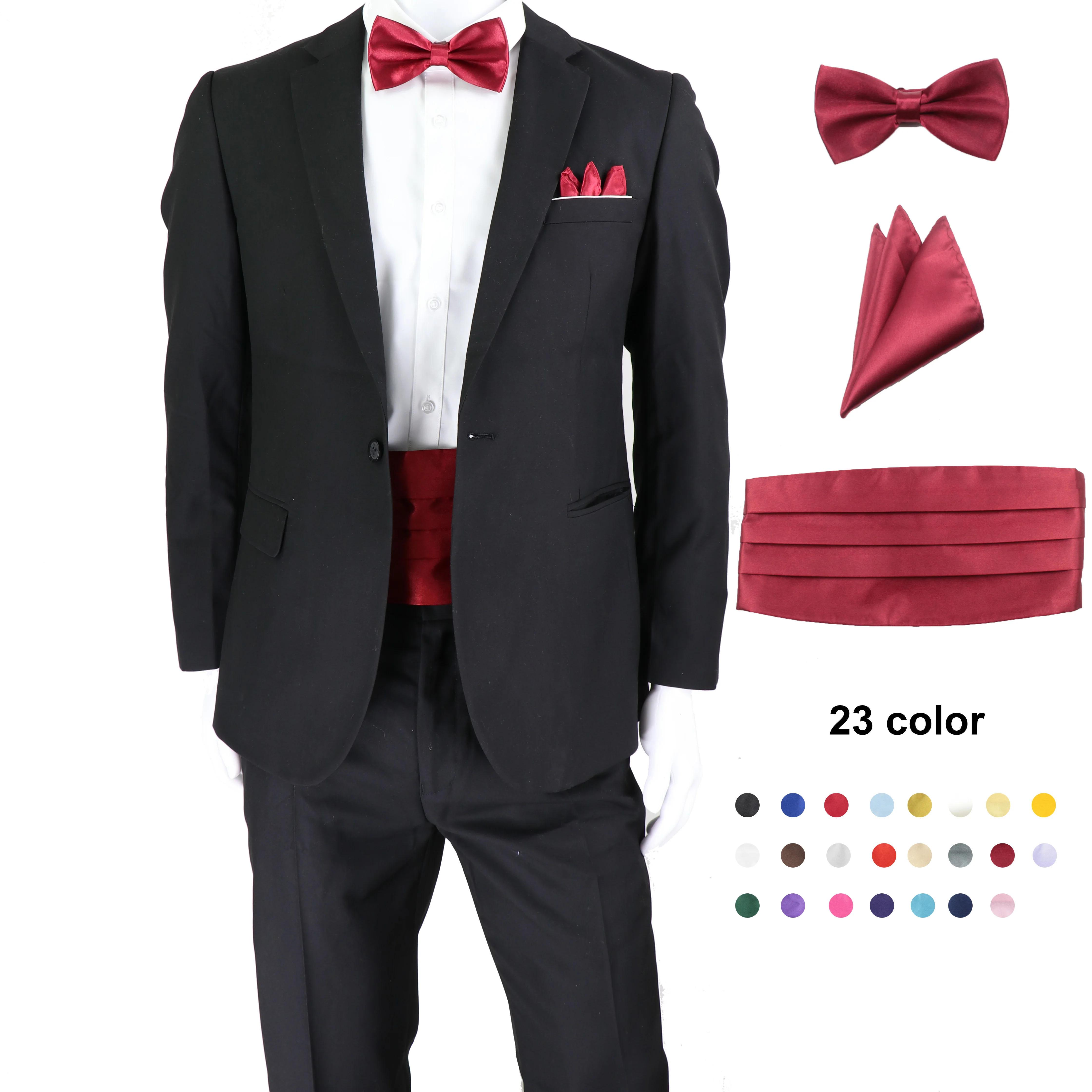 WineRed23SolidColorMenElasticCummerbundWaistsealBowTieSet