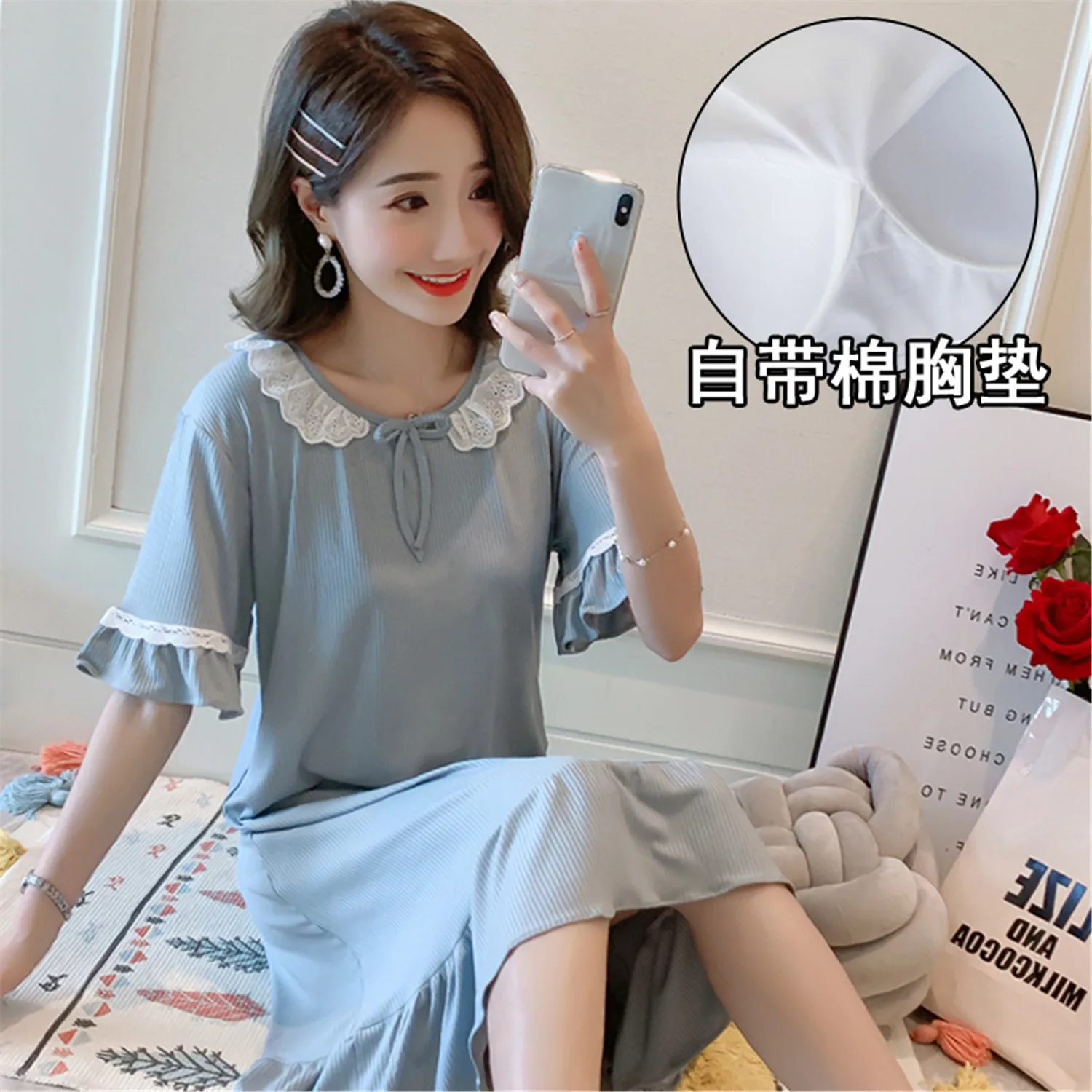 

With Chest Pad Pajamas Female Summer Cotton Sexy Camisole Korean-style Fresh GIRL'S Sweet Cute Nightgown Women Tracksuit